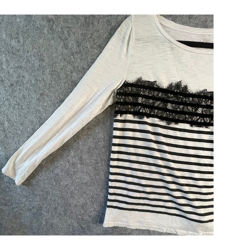 LOFT Womens Long Sleeve Striped Tee Black White Lace Trim Slub Knit Top Small - Picture 12 of 14